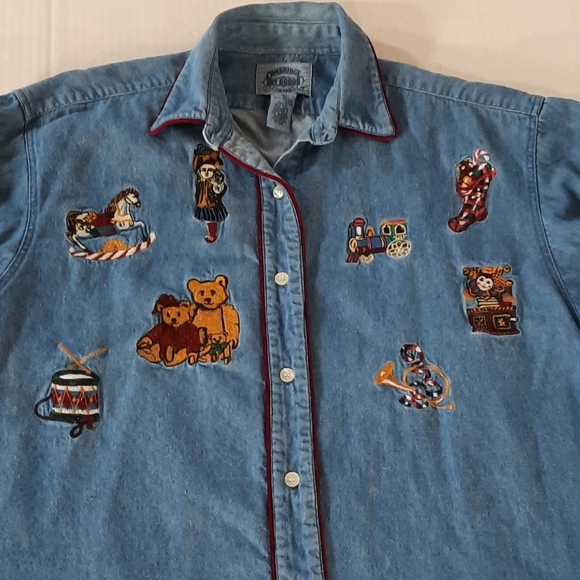 Cambridge Dry Goods Embroidered Christmas Toys Denim Shirt - Picture 4 of 7
